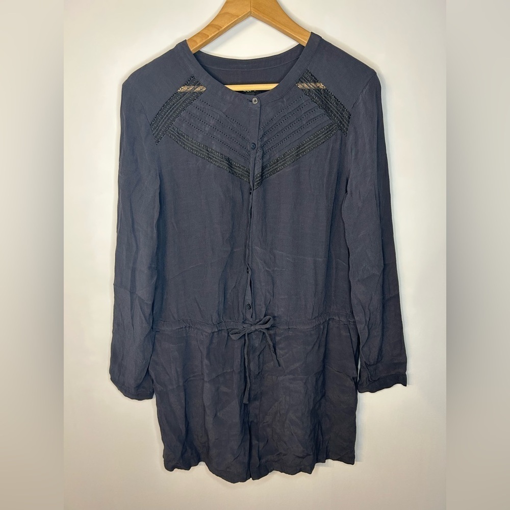 Loft Gray Rayon Romper, L, Long Sleeve, Lace Details, Button Front, Cinch Waist